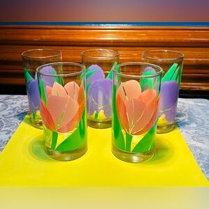 Vintage Tulip Indiana Glass Spring Drinking Glasses, Pink And Purple Set Of 5